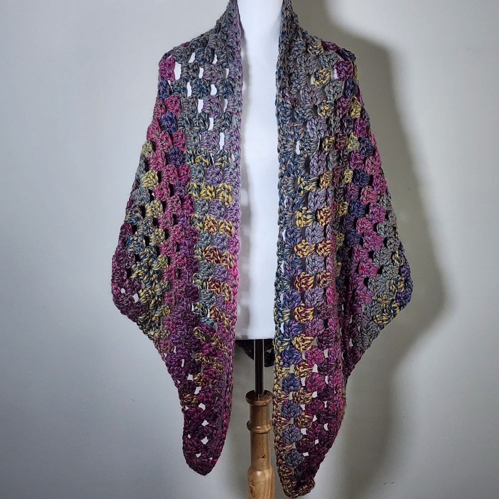 Handmade Crochet Triangle Shawl Multicolor Granny Square Boho Wrap Chunky Knit